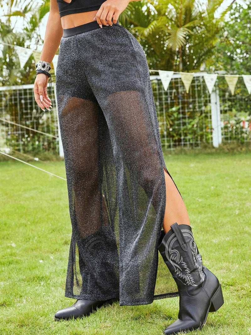 EZwear Pantalones largos tramados con hilos de oro y plata en negro, adecuados para festival de musica de verano