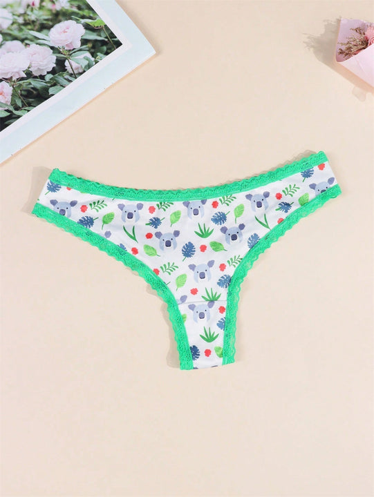 Paquete de 2 tangas y calzoncillos estampados para mujer Morvia, lindos koalas caricaturescos con ribetes de encaje comodos, ropa interior y lenceria para mujeres