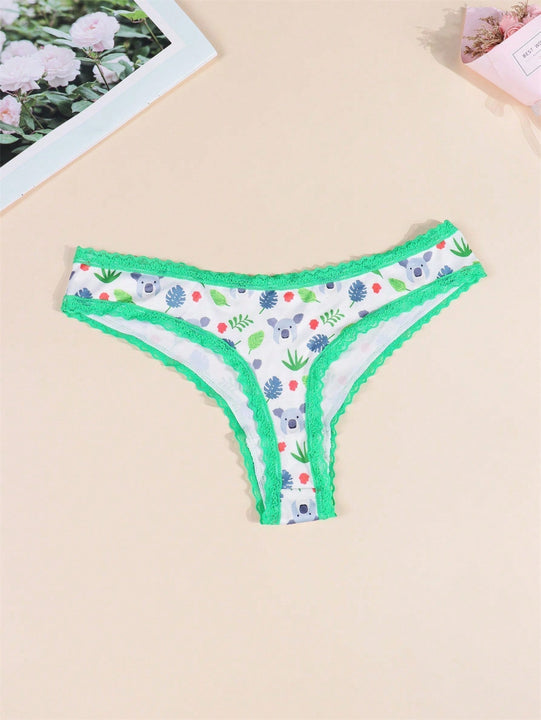 Paquete de 2 tangas y calzoncillos estampados para mujer Morvia, lindos koalas caricaturescos con ribetes de encaje comodos, ropa interior y lenceria para mujeres