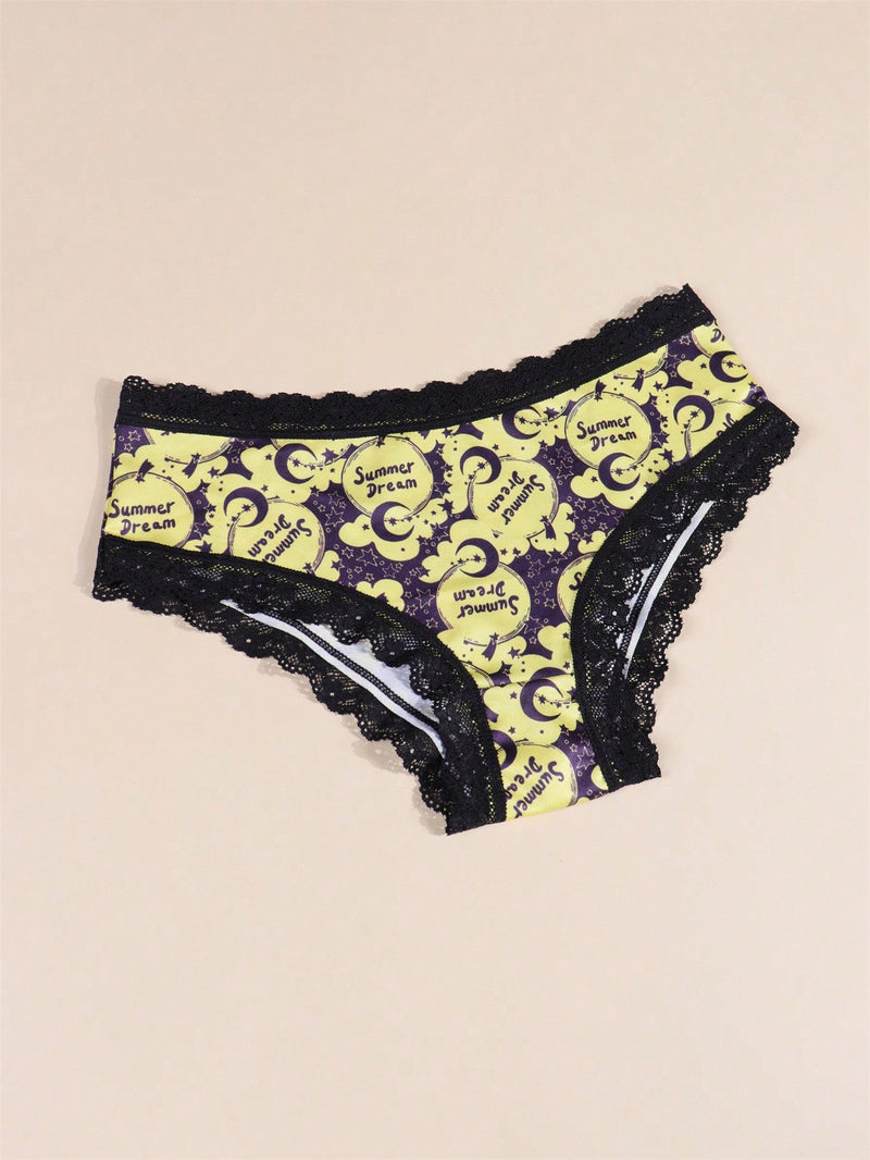 Morvia 4 piezas Romantico Contraste de Encaje Hipster Panties, esparcido de estrellas y lunas y espacio y cielo estrellado e impresion de constelaciones Boho Estilo Ilusion Intimos Panties de brief para mujeres, ropa interior y lenceria