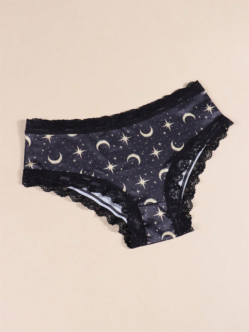 Morvia 4 piezas Romantico Contraste de Encaje Hipster Panties, esparcido de estrellas y lunas y espacio y cielo estrellado e impresion de constelaciones Boho Estilo Ilusion Intimos Panties de brief para mujeres, ropa interior y lenceria