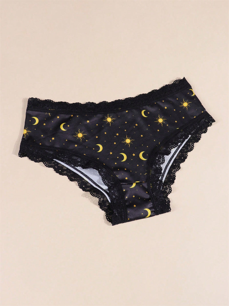 Morvia 4 piezas Romantico Contraste de Encaje Hipster Panties, esparcido de estrellas y lunas y espacio y cielo estrellado e impresion de constelaciones Boho Estilo Ilusion Intimos Panties de brief para mujeres, ropa interior y lenceria