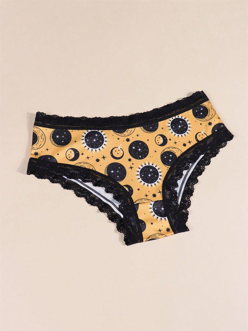 Morvia 4 piezas Romantico Contraste de Encaje Hipster Panties, esparcido de estrellas y lunas y espacio y cielo estrellado e impresion de constelaciones Boho Estilo Ilusion Intimos Panties de brief para mujeres, ropa interior y lenceria