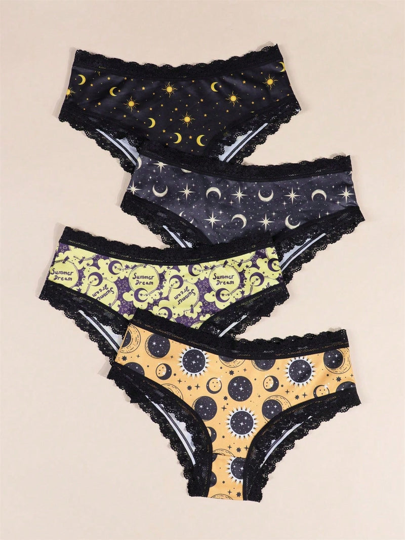 Morvia 4 piezas Romantico Contraste de Encaje Hipster Panties, esparcido de estrellas y lunas y espacio y cielo estrellado e impresion de constelaciones Boho Estilo Ilusion Intimos Panties de brief para mujeres, ropa interior y lenceria