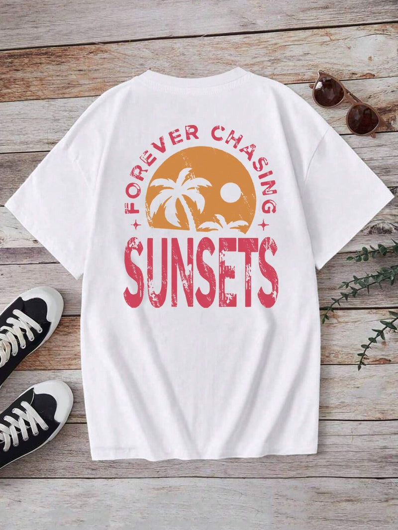 Camiseta de manga corta casual de verano para mujer con estampado de letra y palmera y cuello redondo