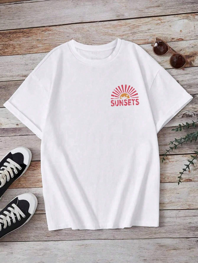 Camiseta de manga corta casual de verano para mujer con estampado de letra y palmera y cuello redondo