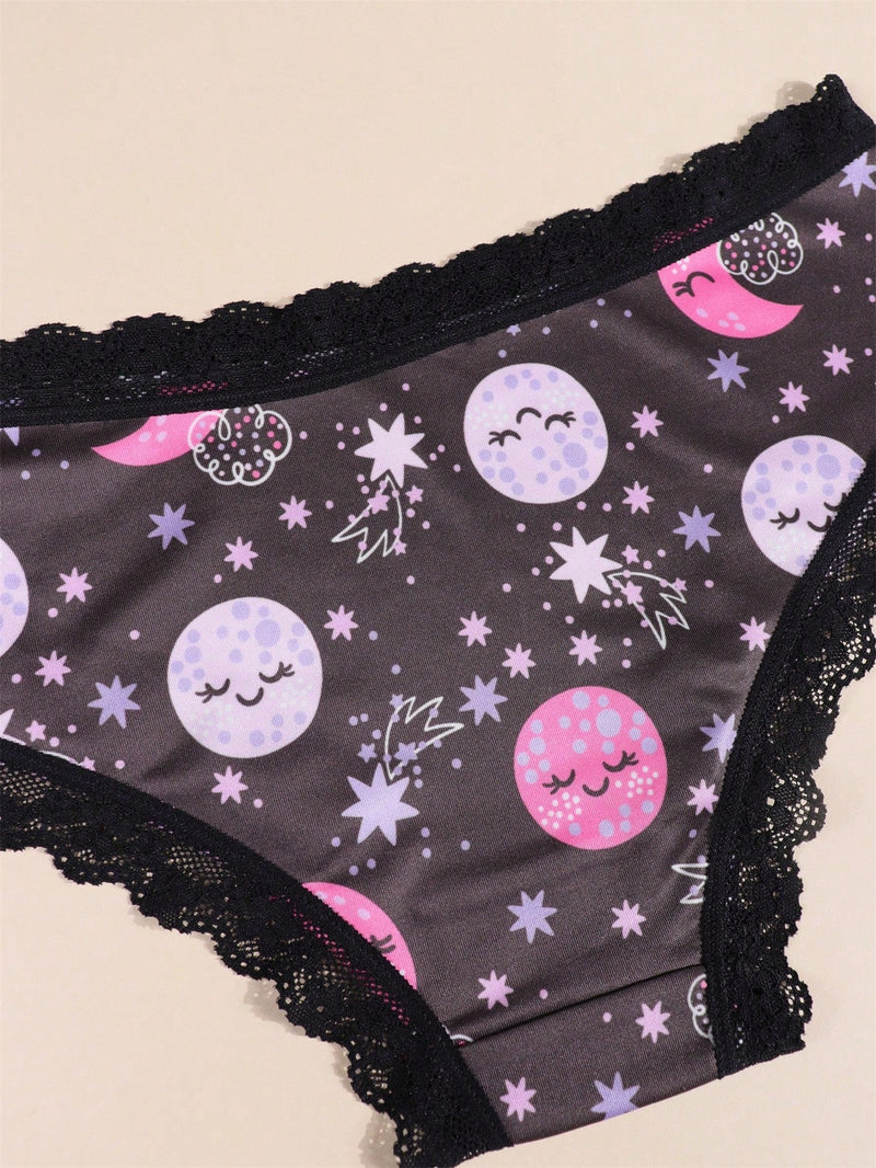 Morvia 4 piezas de calzones tipo hipster romanticos de encaje de contraste, bragas intimas tipo brief de la ropa interior y lenceria de mujer con estampado de estrellas, luna, planetas, cielo nocturno y constelaciones allover estilo bohemio