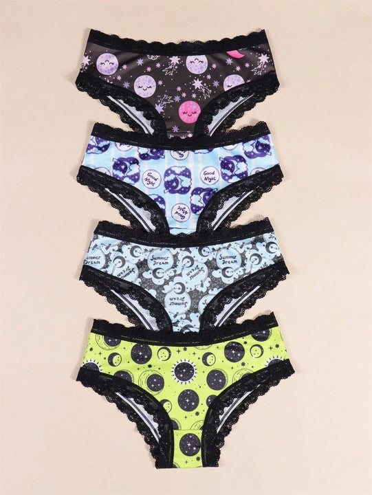 Morvia 4 piezas de calzones tipo hipster romanticos de encaje de contraste, bragas intimas tipo brief de la ropa interior y lenceria de mujer con estampado de estrellas, luna, planetas, cielo nocturno y constelaciones allover estilo bohemio