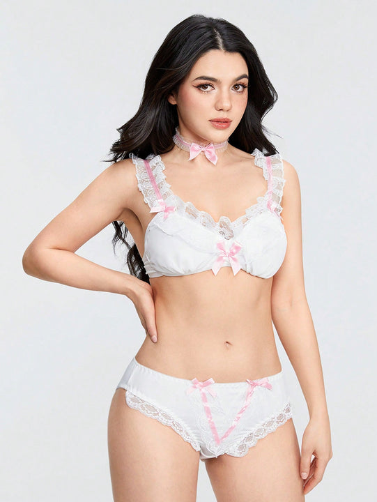 ROMWE Kawaii Conjunto De Ropa Interior Dulce Y Encantador Con Encaje Y Decoracion De Lazo