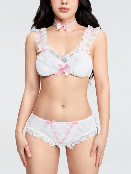 ROMWE Kawaii Conjunto De Ropa Interior Dulce Y Encantador Con Encaje Y Decoracion De Lazo