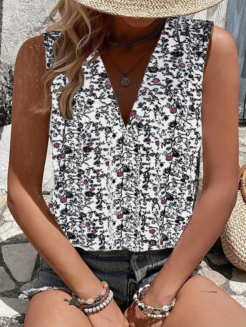 LUNE Camisa suelta sin mangas con cuello en V y estampado floral para mujer estilo veraniego de vacaciones