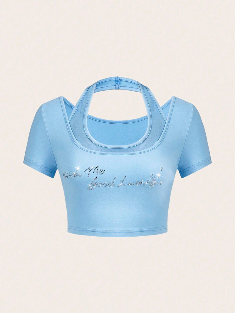 Camiseta Corta Enada Para Mujeres Con Malla Y Decoracion De Diamantes De Imitacion