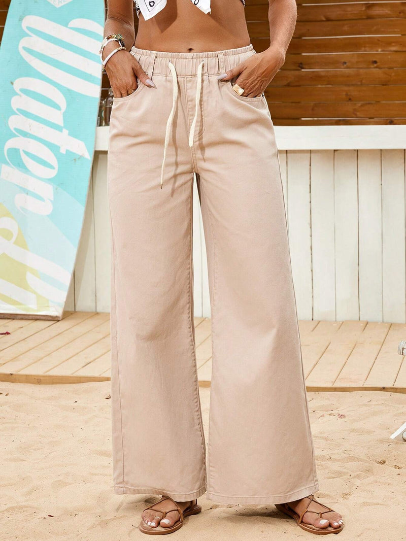 VCAY Pantalones de mezclilla de pierna ancha de unicolor para mujer, ideales para vacaciones en la playa