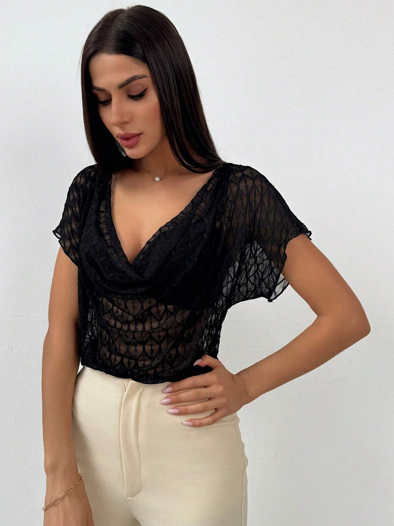 Prive Blusa de verano para mujeres con mangas cortas de moda, cuello redondo transparente y cintura ajustada