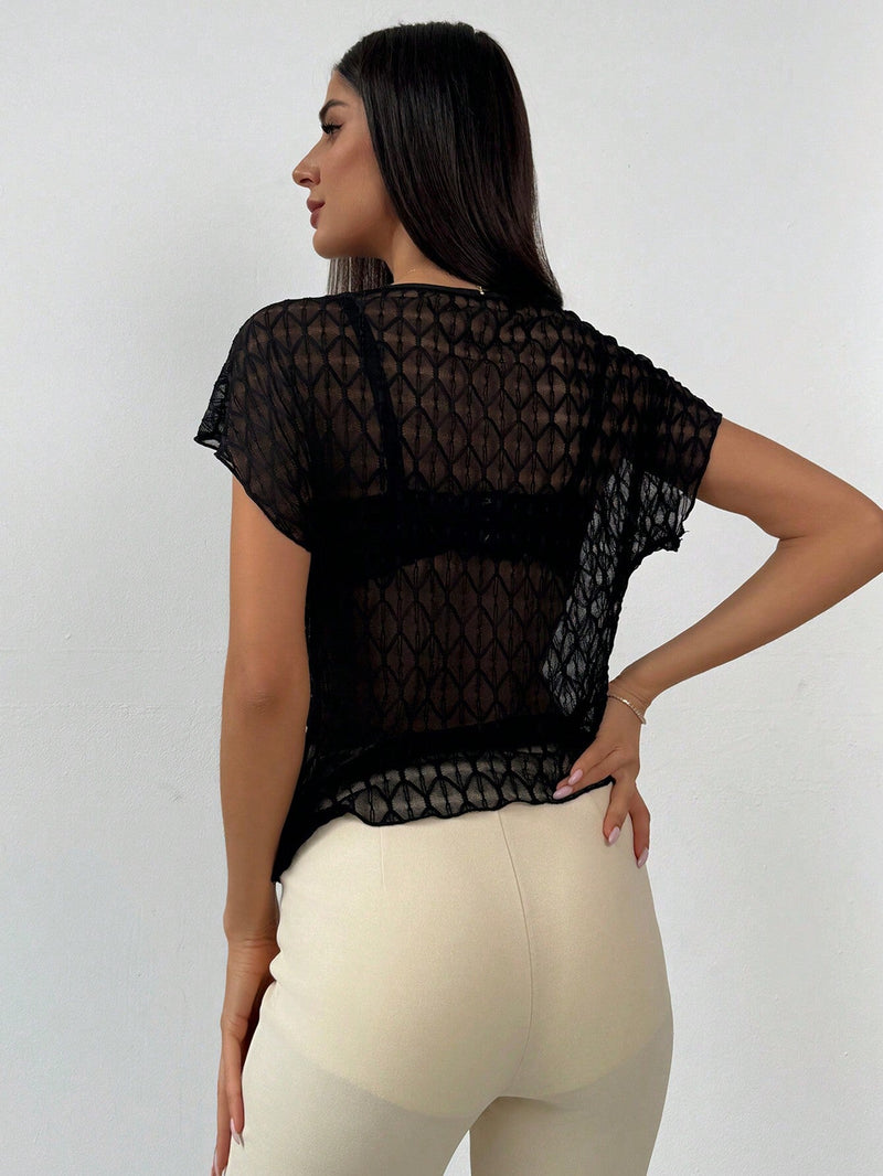 Prive Blusa de verano para mujeres con mangas cortas de moda, cuello redondo transparente y cintura ajustada