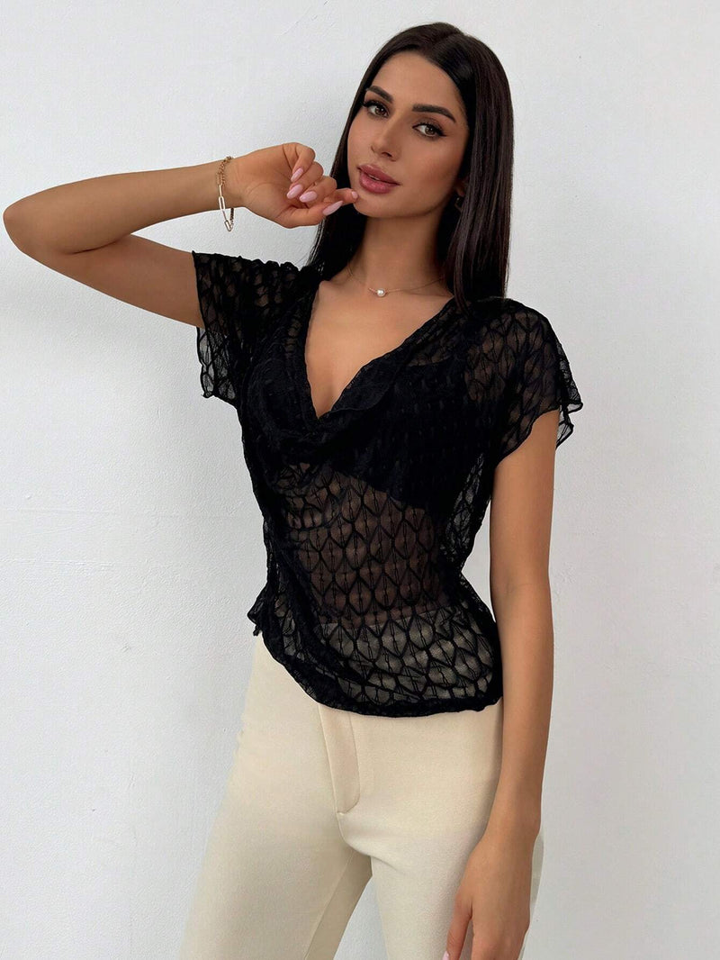 Prive Blusa de verano para mujeres con mangas cortas de moda, cuello redondo transparente y cintura ajustada