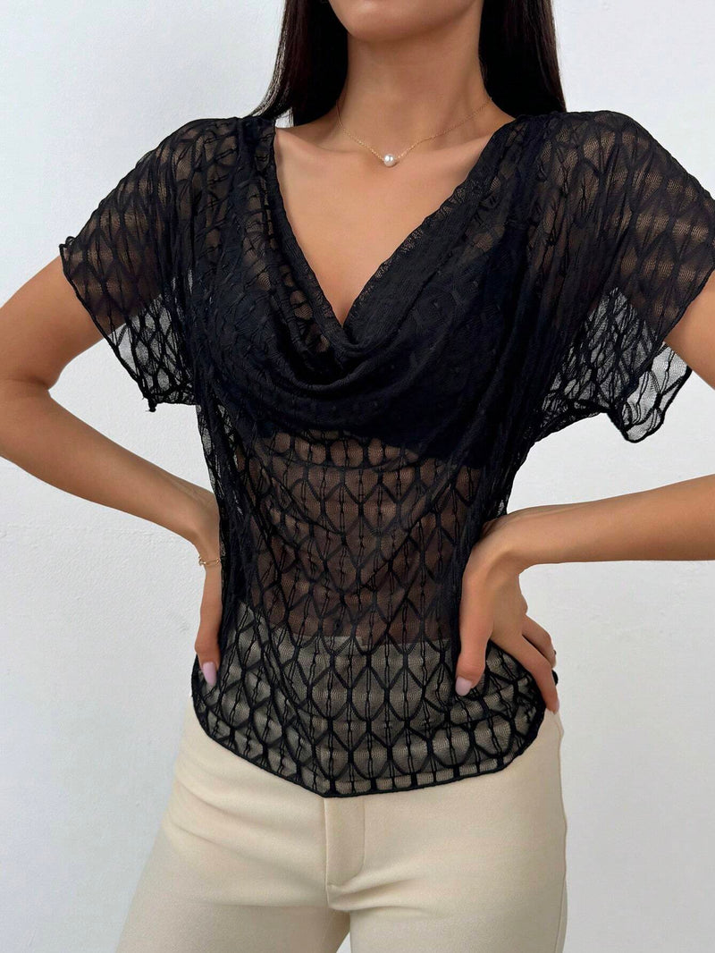 Prive Blusa de verano para mujeres con mangas cortas de moda, cuello redondo transparente y cintura ajustada