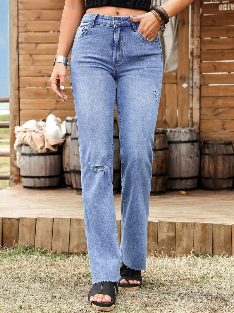 LUNE Pantalones Jeans de pierna recta para mujeres con detalles desgastados y bolsillos