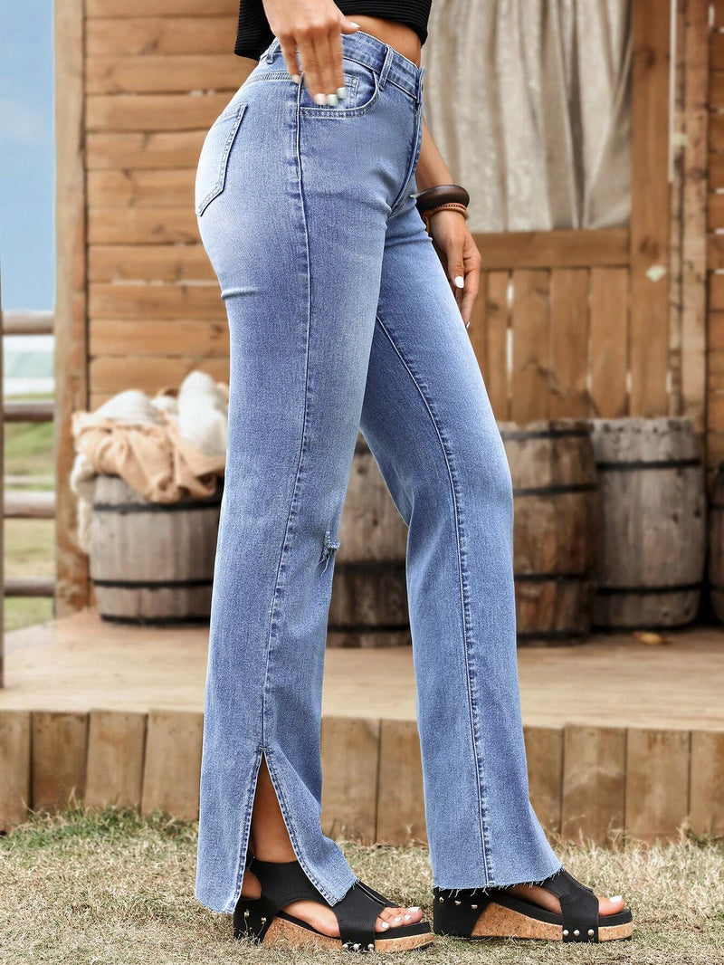 LUNE Pantalones Jeans de pierna recta para mujeres con detalles desgastados y bolsillos