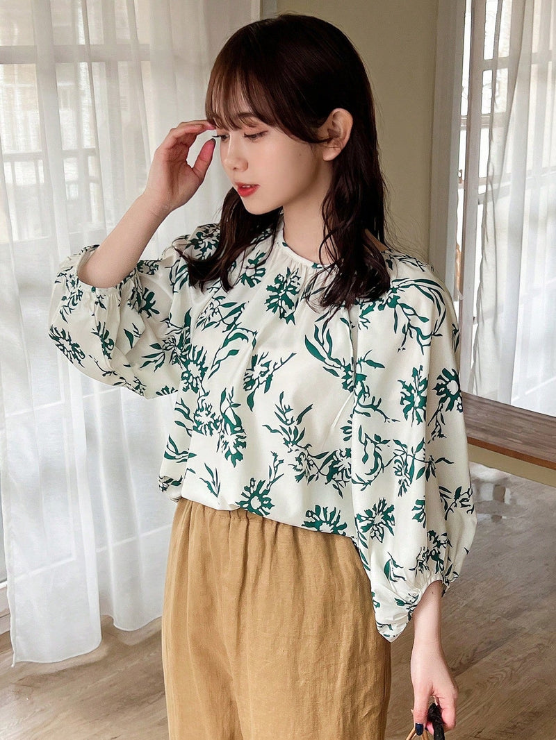 FRIFUL Camisa de mujer elegante de manga corta con estampado verde