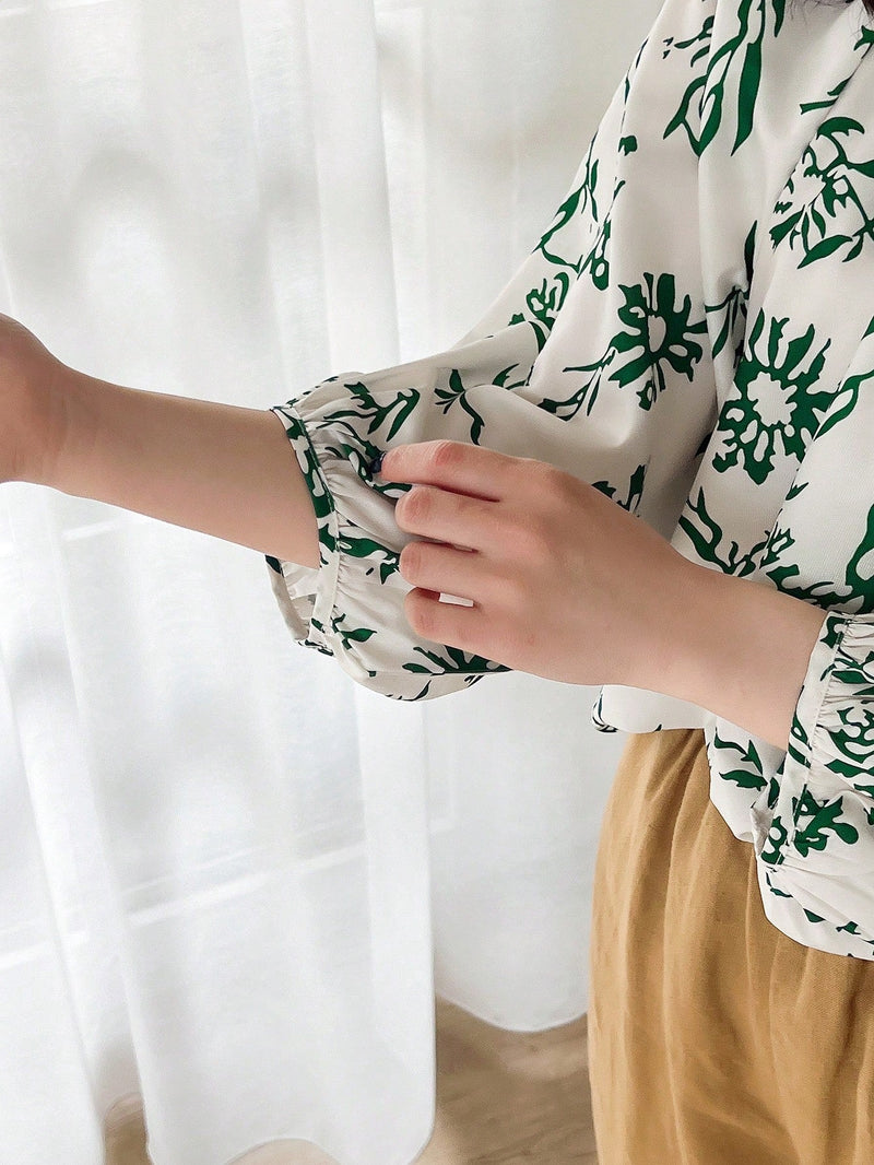 FRIFUL Camisa de mujer elegante de manga corta con estampado verde