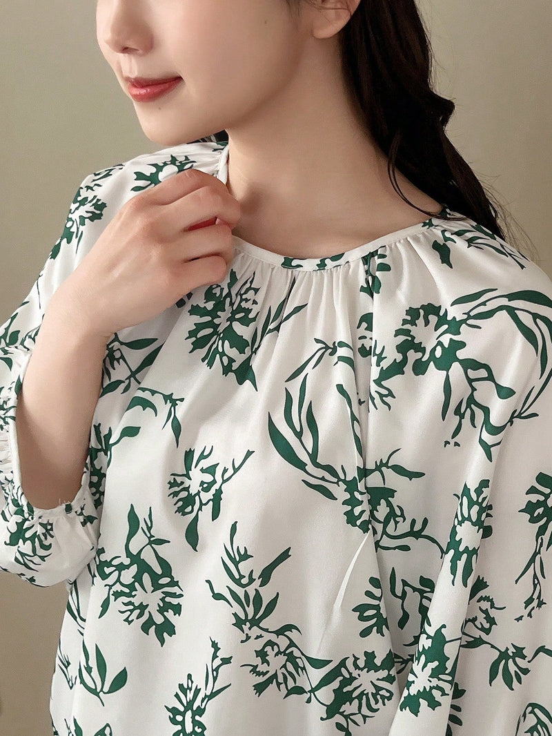 FRIFUL Camisa de mujer elegante de manga corta con estampado verde