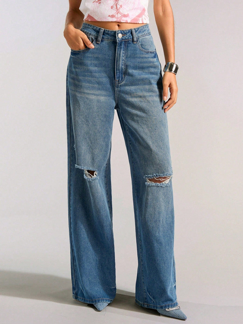 Forever 21 Jeans casuales vintage de pierna ancha desgastados con agujeros