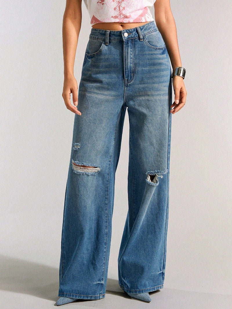 Forever 21 Jeans casuales vintage de pierna ancha desgastados con agujeros