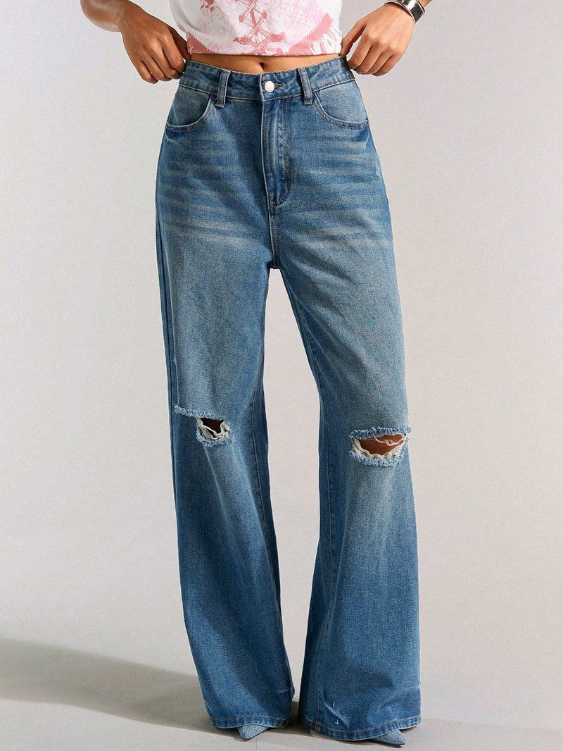 Forever 21 Jeans casuales vintage de pierna ancha desgastados con agujeros