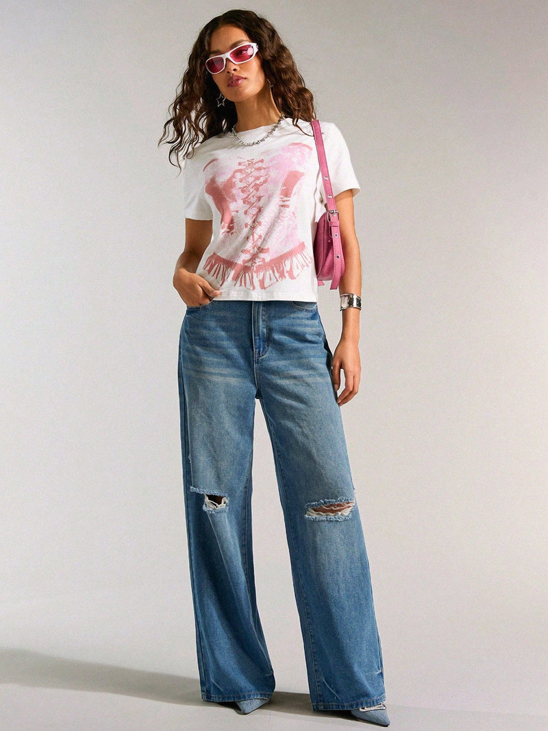 Forever 21 Jeans casuales vintage de pierna ancha desgastados con agujeros