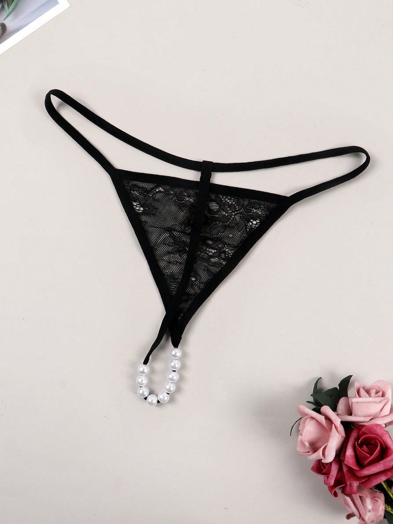 Tanga de mujer con espalda en t, calzoncillos de tiro bajo con cadena de perlas falsas, ropa interior sexy, negro