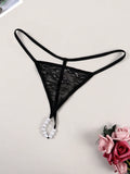 Tanga de mujer con espalda en t, calzoncillos de tiro bajo con cadena de perlas falsas, ropa interior sexy, negro