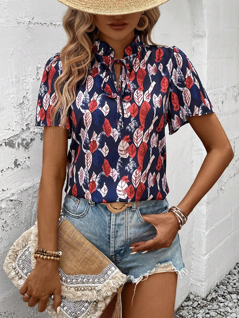 Blusa casual de manga corta con cuello de lazo para vacaciones de mujer