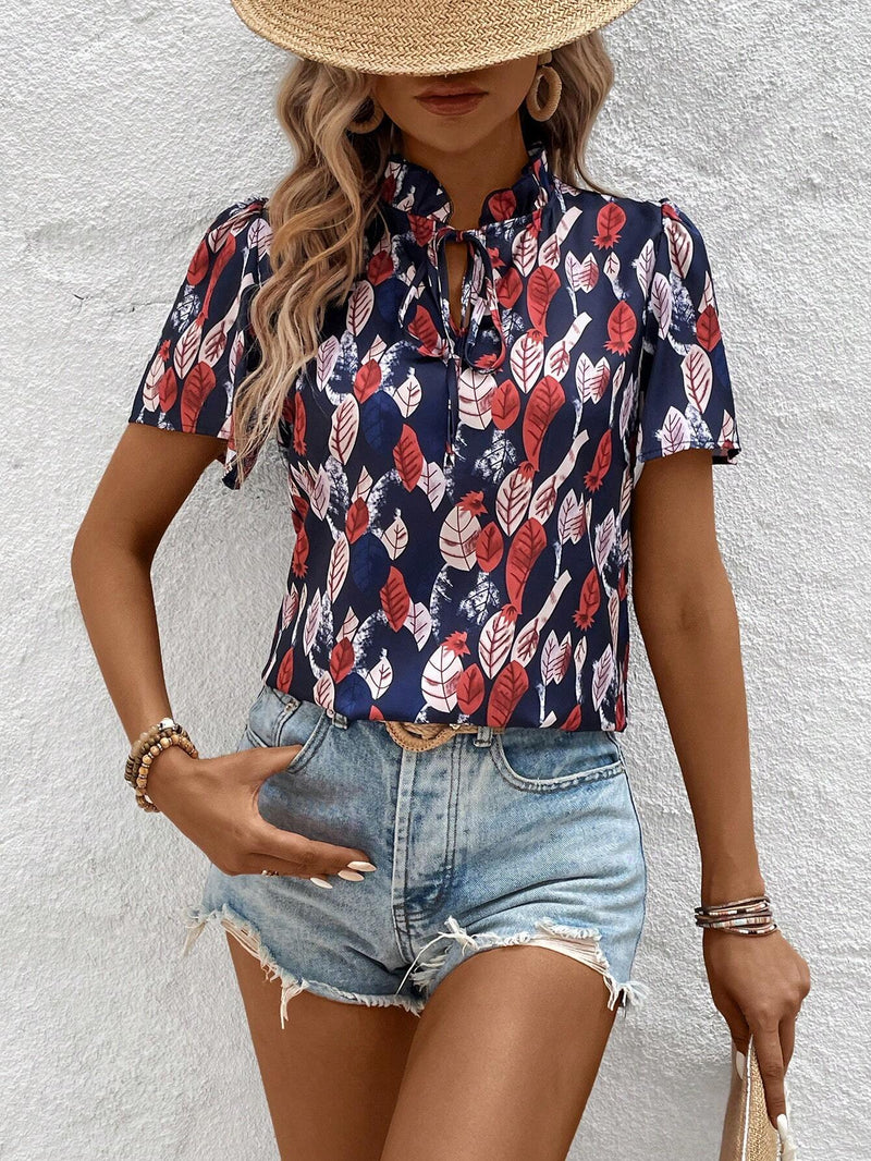 Blusa casual de manga corta con cuello de lazo para vacaciones de mujer