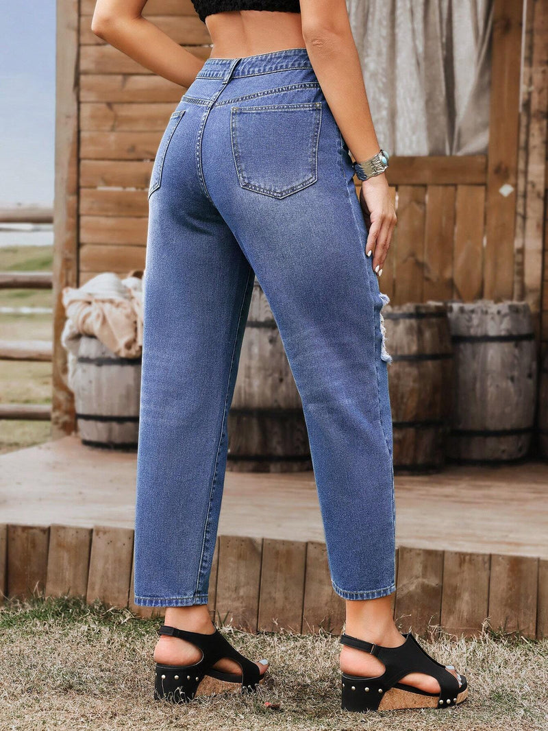 LUNE Jeans rectos informales para mujer con bolsillos y detalles desgastados