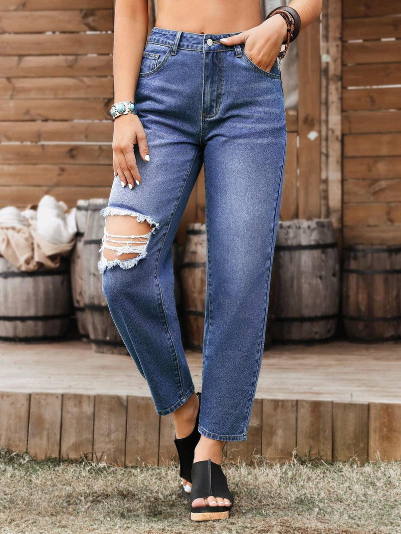 LUNE Jeans rectos informales para mujer con bolsillos y detalles desgastados