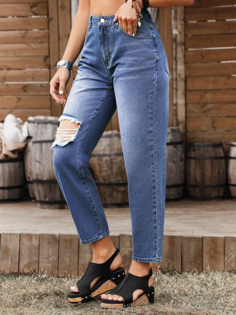 LUNE Jeans rectos informales para mujer con bolsillos y detalles desgastados