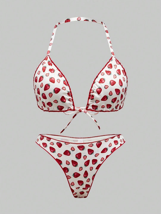 ROMWE Kawaii Conjunto de sujetador y bragas con estampado de fresa de estilo rural con ribete de encaje y corbata de cuello