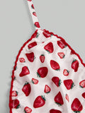 ROMWE Kawaii Conjunto de sujetador y bragas con estampado de fresa de estilo rural con ribete de encaje y corbata de cuello
