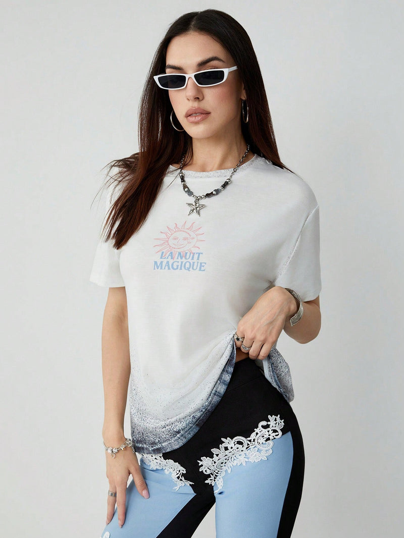 Neu Camiseta Casual de Verano para Mujer con Mangas Cortas, Cuello Redondo, Estampado de Mariposas y Letras