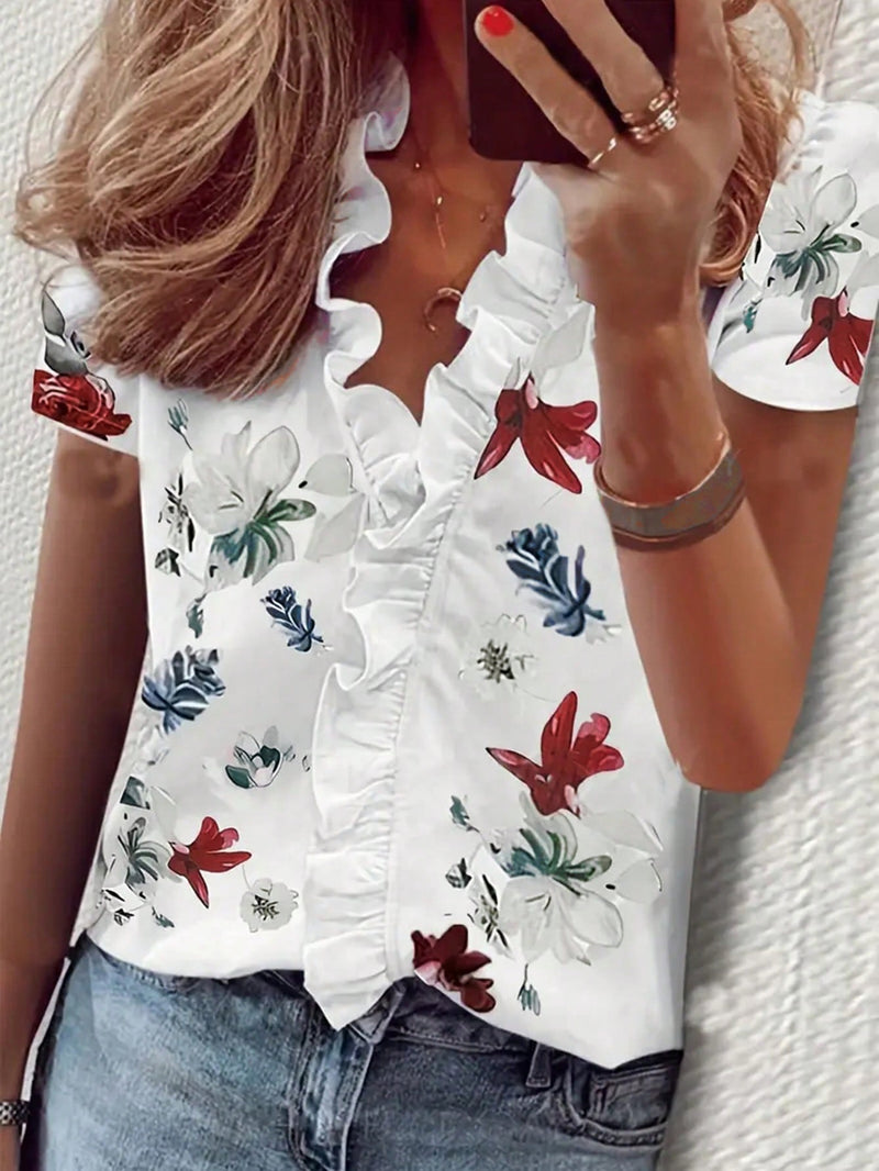 LUNE Blusa Elegante De Verano Para Mujer Con Cuello En V Y Estampado Floral De Encaje