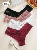 4/piezas tanga sexy para mujer, con diseno de flores pequenas calado y tirantes cruzados de encaje, ropa interior sexy