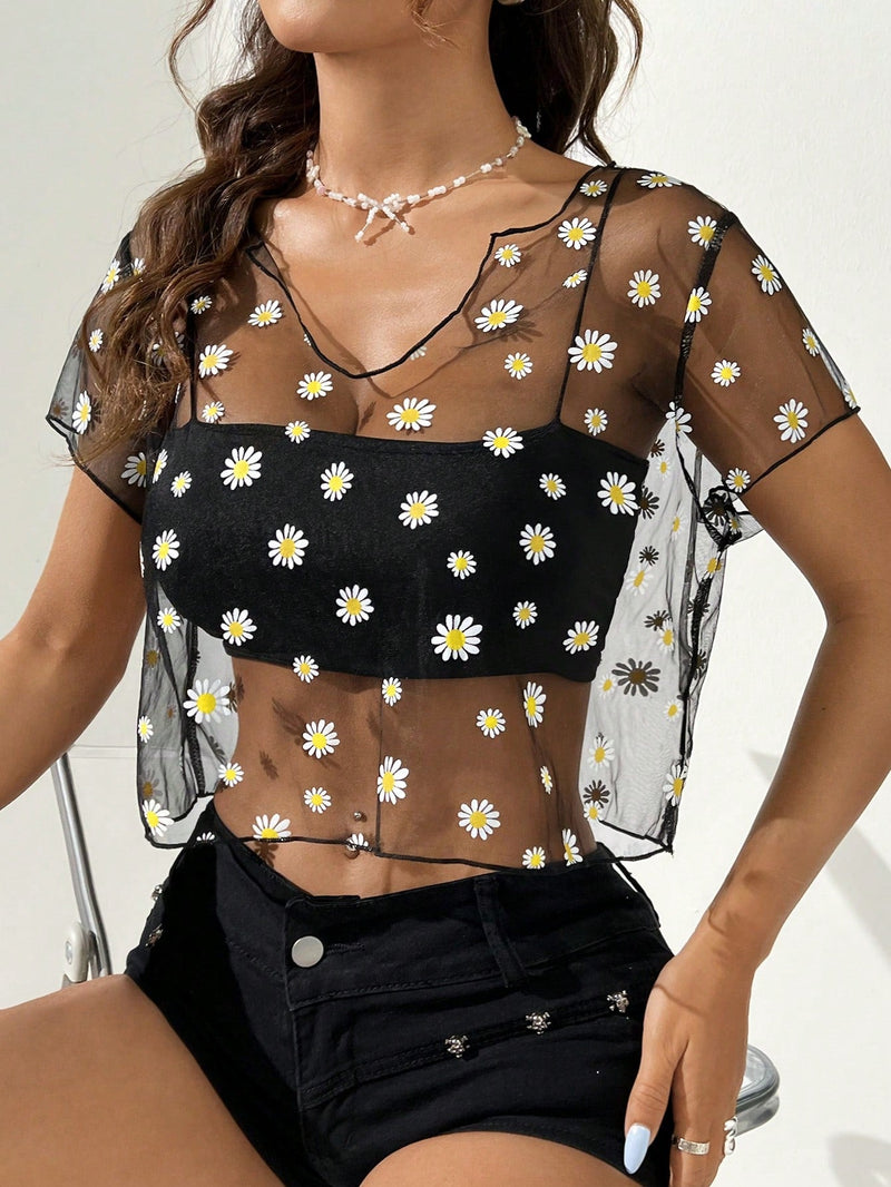 EZwear Top de malla de margaritas para mujer a la moda para el verano