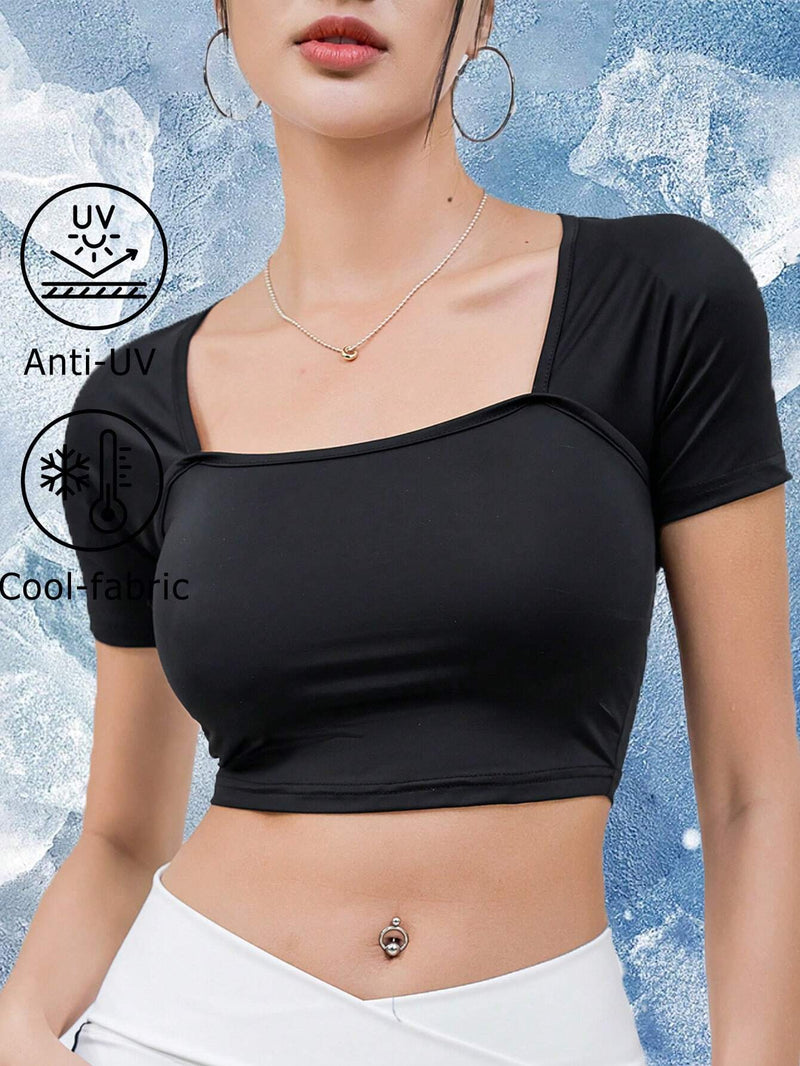 DAZY Camiseta Cortada Cuadrada De Cuello Estrecho Para Mujer, Fresca Y Protectora Contra Rayos Uv Para El Verano.