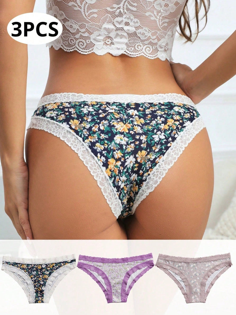 Morvia 3 piezas Ropa interior de mujer con estampado floral completo, lindos y comodos Calzoncillos intimos con borde de encaje, Lenceria y ropa interior para mujer