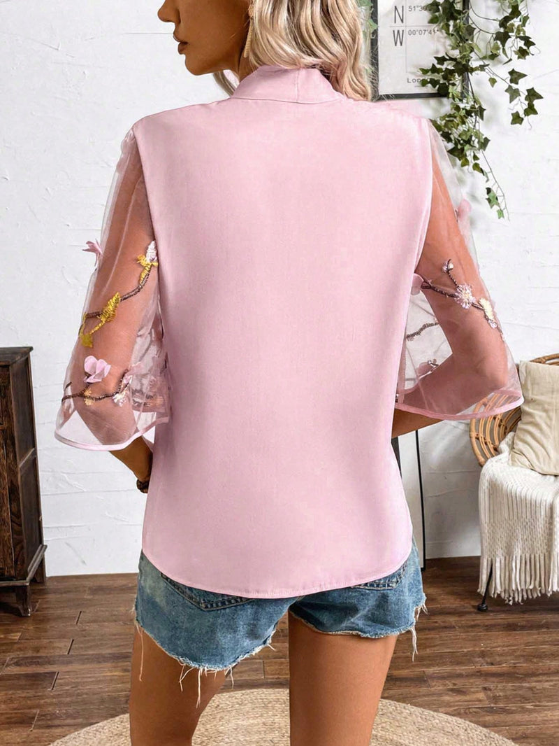 Clasi Camisa de primavera/verano para mujer con cinturon de lazo y manga de bordado 3D