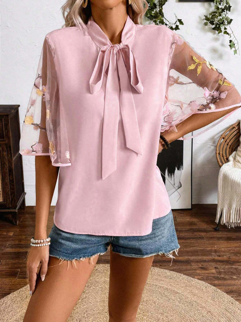 Camisa de primavera/verano para mujer con cinturon de lazo y manga de bordado 3D