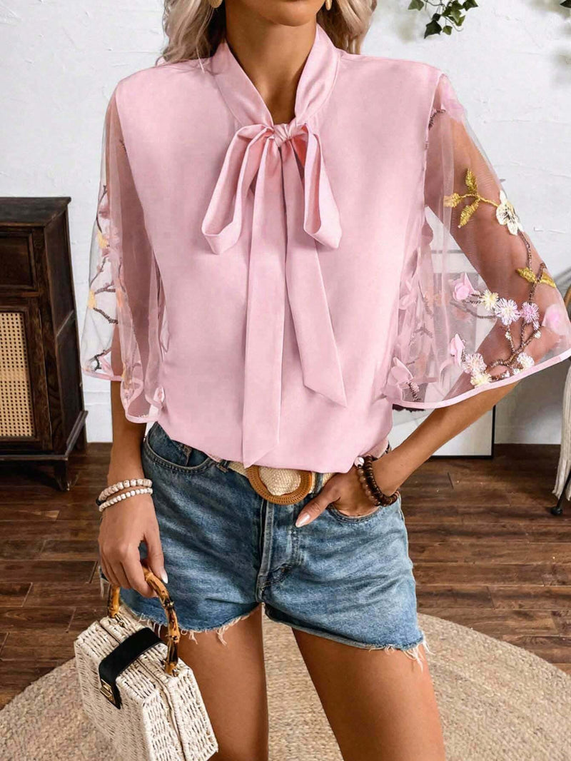 Camisa de primavera/verano para mujer con cinturon de lazo y manga de bordado 3D