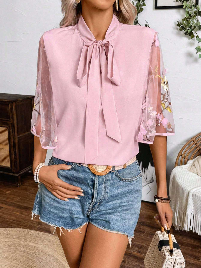 Camisa de primavera/verano para mujer con cinturon de lazo y manga de bordado 3D