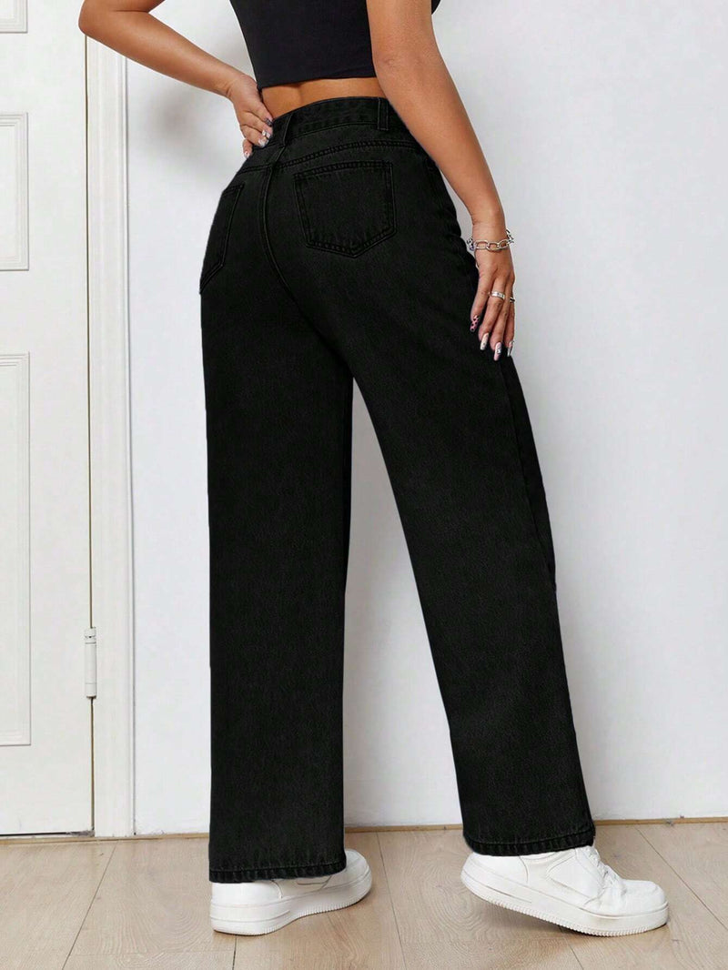 PETITE Jeans de pierna recta y diseno de bolsillos oblicuos y rotos, perfectos para salidas informales